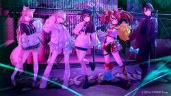 5girls animal_ears asymmetrical_legwear asymmetrical_sleeves bandaid bandaid_on_knee bandaid_on_leg baseball_cap belt beyond_the_way_(vocaloid) black_belt black_boots black_choker black_collar black_hair black_hat black_hoodie black_pants black_shoes black_shorts black_socks black_sweater blonde_hair blue_eyes blue_hair blue_shirt boots bow braid brown_hair brown_shoes chain-link_fence choker closed_mouth clothes_writing collar collared_shirt colored_tips commentary_request container copyright_notice cropped_shirt crossed_bangs curtained_hair dice_hair_ornament double-parted_bangs expressionless fence flame_print frilled_socks frills graffiti grey_jacket hair_between_eyes hair_flaps hair_ornament hakos_baelz hakos_baelz_(1st_costume) hakui_koyori hakui_koyori_(school_uniform) half_up_braid hand_in_pocket hand_up hat highres hiodoshi_ao hiodoshi_ao_(1st_costume) hololive hololive_dev_is hololive_english hood hoodie jacket jewelry kneehighs lace-up_boots loafers long_hair long_sidelocks long_sleeves looking_at_viewer medium_hair midriff miniskirt mismatched_legwear mismatched_sleeves mouse_ears mouse_girl mouse_tail mr._squeaks_(hakos_baelz) multicolored_hair multiple_girls navel necklace o-ring o-ring_choker o-ring_thigh_strap official_alternate_costume official_art open_mouth outdoors pants parted_lips pink_hair pink_skirt pinstripe_jacket pinstripe_pattern platform_boots pleated_skirt ponytail print_shirt puffy_long_sleeves puffy_sleeves purple_eyes purple_hair red_hair sanosomeha shirt shoes short_hair short_shorts shorts sidelocks skirt socks spiked_collar spikes standing strapless strapless_shirt streaked_hair suit_jacket sweater sweater_tucked_in tail tail_bow tail_ornament thigh_strap todoroki_hajime todoroki_hajime_(1st_costume) tokino_sora tokino_sora_(streetwear) twintails two-tone_hoodie two_side_up v-neck very_long_hair vocaloid white_choker white_hair white_hoodie white_jacket white_shirt white_shorts white_sneakers white_socks wolf_cut wolf_ears wolf_girl wolf_tail