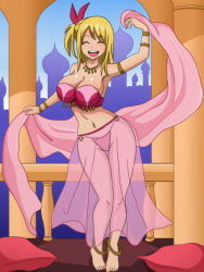 1girl anklet armlet barefoot bikini blonde_hair blush bra bracelet breasts castle chain cleavage dancer dancing dress closed_eyes fairy_tail feet floor hair_ornament happy harem_outfit jewelry large_breasts legs long_hair lucy_heartfilia navel necklace open_mouth palace panties pillow ponytail ribbon see-through_clothes shablagoo side_ponytail slave smile swimsuit thigh_gap underwear