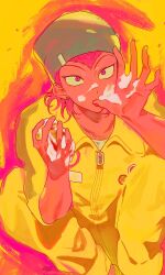 Rule 34 | 1boy, arms up, badge, beanie, black hat, button badge, cake, cake slice, collarbone, collared jumpsuit, colorful, commentary request, danganronpa (series), danganronpa 2: goodbye despair, feet out of frame, food, gimmogi kimumogi, hat, highres, holding, holding food, icing, icing on body, icing on face, jumpsuit, licking, licking own finger, looking up, male focus, pink eyes, pink hair, sanpaku, shirt, soda kazuichi, solo, white shirt, widow&#039;s peak, yellow jumpsuit, zipper, zipper pull tab