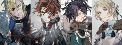 1girl 3boys arm_up armor black_hair black_ribbon black_shirt blonde_hair blood blood_on_armor blood_on_face blue_cape blue_eyes breastplate brown_eyes brown_fur cape closed_mouth curtained_hair dimitri_alexandre_blaiddyd dimitri_alexandre_blaiddyd_(timeskip) downcast_eyes eyepatch felix_hugo_fraldarius felix_hugo_fraldarius_(timeskip) fire_emblem fire_emblem:_three_houses fur-trimmed_cape fur-trimmed_collar fur-trimmed_gloves fur_trim gloves green_eyes hair_behind_ear hair_over_one_eye hair_ribbon high_collar holding holding_weapon ingrid_brandl_galatea ingrid_brandl_galatea_(timeskip) leather leather_gloves looking_at_viewer looking_to_the_side medium_hair multiple_boys nintendo one_eye_covered orange_eyes parted_bangs red_fur red_hair ribbon sanpaku shirt sideways_glance sylvain_jose_gautier sylvain_jose_gautier_(timeskip) tassel tsukimura_noe turtleneck upper_body weapon white_fur