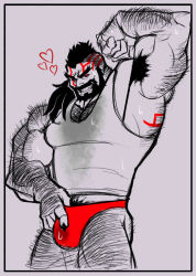 Rule 34 | 1boy, armpits, bara, beard, bulge, cowboy shot, crotch grab, excessive armpit hair, facial hair, finger under clothes, flexing, full beard, greyscale, grin, hairy, icysage, large pectorals, long hair, looking at viewer, male focus, male swimwear, mature male, mohawk, monochrome, muscular, muscular male, original, pectoral cleavage, pectorals, smile, solo, spot color, standing, sweat, swim briefs, thick arm hair, thick chest hair, thick eyebrows, thick leg hair, thick navel hair, very hairy, very sweaty