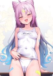 .live 1girl :d bandaid bandaid_on_thigh blue_hair breasts character_request clothes_lift commentary_request cone_hair_bun double_bun gradient_hair hair_bun highres lifting_own_clothes looking_at_viewer medium_breasts multicolored_hair one-piece_swimsuit open_mouth pink_eyes pink_hair school_swimsuit smile solo swimsuit swimsuit_lift virtual_youtuber white_one-piece_swimsuit yoshiheihe