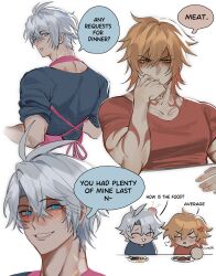 2boys absurdres antenna_hair apron arm_tattoo blonde_hair blue_eyes blue_sky blush commentary english_commentary facial_tattoo gradient_hair hair_between_eyes highres honkai:_star_rail honkai_(series) male_focus medium_hair mellowtii multicolored_hair multiple_boys mydei_(honkai:_star_rail) neck_tattoo parted_bangs phainon_(honkai:_star_rail) pink_apron red_hair red_shirt red_tattoo sexually_suggestive shirt short_hair short_sleeves simple_background sky sleeveless sleeveless_shirt sun_symbol sun_tattoo tan tattoo white_background white_hair yaoi yellow_eyes