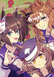 3girls animal_ears black_hair blue_eyes blush breasts brown_eyes brown_hair commentary_request dated ei_ei_mun! fang fox_shadow_puppet hair_between_eyes hair_ornament happy_birthday hat hi_(ibisf5umauma) highres horse_ears inari_one_(umamusume) jungle_pocket_(umamusume) matikane_tannhauser_(umamusume) multiple_girls portrait ribbon school_uniform simple_background smile twintails umamusume