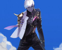 Rule 34 | 1boy, armor, black gloves, black pants, black shirt, blood, blood on face, blue eyes, blue sky, bluespeaker, colored sclera, colored skin, cowboy shot, earrings, fate/grand order, fate (series), gloves, grey sclera, grey skin, hand on own chest, indra (fate), jewelry, legs apart, lightning bolt facial mark, male focus, pants, pauldrons, pink blood, shirt, short hair, shoulder armor, single pauldron, sky, solo, white hair