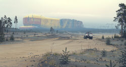 abandoned absurdres cable car company_name dilapidated haze highres motor_vehicle no_humans rock rust sand science_fiction simon_stalenhag sports_utility_vehicle swedish_machines transmission_tower tree unconventional_emergency_vehicle_lighting