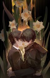 2boys abstract_background absurdres black_cloak black_hair black_jacket chinese_commentary cloak closed_eyes cocozha commentary_request flower flower_in_mouth highres hug implied_yaoi jacket kiss klein_moretti lord_of_the_mysteries multiple_boys nail_(hardware) nectar plant selfcest shirt short_hair water_drop white_shirt yaoi