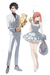 Rule 34 | 1boy, 1girl, absurdres, ahoge, alternate costume, apple, bare legs, bare shoulders, black hair, black shirt, blue eyes, collared shirt, command spell, dress, fate/grand order, fate (series), food, frilled dress, frills, fruit, fujimaru ritsuka (female), fujimaru ritsuka (male), golden apple, highres, holding, holding food, holding fruit, holding sack, holding trophy, jacket, looking at viewer, medium hair, ninjin (ne f g o), orange eyes, orange hair, pants, sack, shirt, shoes, short hair, simple background, sleeveless, sleeveless dress, smile, suit jacket, trophy, vest, white background, white dress, white jacket, white pants, white shoes, white vest