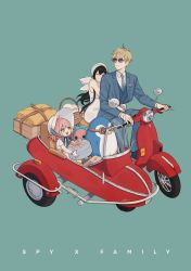 affectionate anya_(spy_x_family) black_hair blonde_hair child dress driving family father_and_daughter highres hug hug_from_behind husband_and_wife lovesulli mother_and_daughter motor_vehicle scooter spy_x_family sunglasses twilight_(spy_x_family) vespa white_dress yor_briar