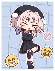 Rule 34 | &gt; &lt;, 1girl, :d, beret, black hat, black shirt, black shoes, black skirt, blue socks, blush, brown hair, cellphone, chibi, closed eyes, emoticon, facing viewer, full body, grey background, grid background, hana kazari, hat, highres, holding, holding phone, long sleeves, no entry sign, open mouth, phone, pinstripe pattern, pinstripe shirt, pinstripe skirt, pleated skirt, puffy long sleeves, puffy sleeves, road sign, shirt, shoes, sign, skirt, sleeves past wrists, smile, socks, solo, standing, standing on one leg, ui (voisona), voisona, xd