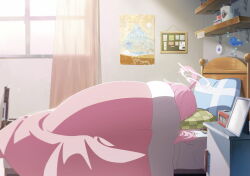 1girl ahoge blue_archive game_cg halo head_on_pillow highres hoshino_(blue_archive) huge_ahoge indoors non-web_source official_art on_bed pillow pink_halo sleeping solo under_covers