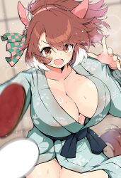 Rule 34 | 1girl, :d, akizuki shigure, animal ears, ball, bow, breasts, brown eyes, brown hair, checkered ribbon, cleavage, commentary request, dantsu flame (umamusume), ear covers, ear ribbon, green kimono, highres, holding table tennis paddle, horse ears, horse girl, horse tail, huge breasts, japanese clothes, kimono, looking at viewer, open mouth, paddle, smile, solo, sweat, table tennis ball, table tennis paddle, tail, umamusume