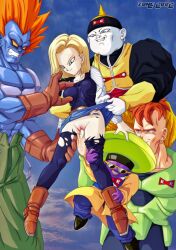 1girl 4boys android_13 android_15 android_16 android_18 android_19 blonde_hair blue_eyes blue_skin breasts clothes_lift colored_skin dragon_ball dragonball_z fingering medium_breasts multiple_boys orange_hair pantyhose purple_skin size_difference skirt skirt_lift smile torn_clothes torn_pantyhose uncensored white_skin zone_(artist)