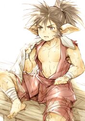 Rule 34 | 1boy, barefoot, blush, brown hair, commentary request, granblue fantasy, holding, holding towel, iha tobu, looking to the side, male focus, nipples, open clothes, open mouth, open shirt, pointy ears, ponytail, sevilbarra, shirt, sideburns, sitting, sleeveless, sleeveless shirt, sweat, towel, towel around neck, white background