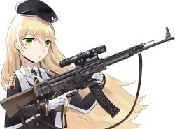 1girl assault_rifle blonde_hair coat commission commissioner_upload girls&#039;_frontline gloves green_eyes gun hat highres holding holding_weapon kandly long_hair looking_at_viewer military_coat military_hat military_uniform necktie non-web_source rifle simple_background solo stg44 stg44_(girls&#039;_frontline) stg44_(mod3)_(girls&#039;_frontline) transparent_background upper_body vgen_commission weapon white_gloves