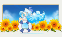 1girl animal_ears blue_eyes blue_hair chibi chibi_only dress eating flower food full_body hair_ribbon holding long_hair looking_at_viewer original os-tan personification popsicle ribbon sato_(esuplusesu) snow_leopard-tan snow_leopard_ears solo sunflower swim_ring very_long_hair