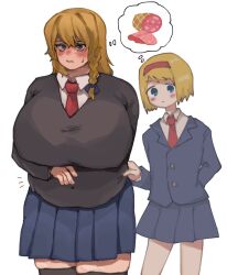 2girls alice_margatroid alternate_costume black_cardigan black_thighhighs blazer blonde_hair blue_eyes blue_jacket blue_skirt blush bow braid breasts cardigan closed_mouth collared_shirt commentary_request cookie_(touhou) cowboy_shot fat fat_woman frown green_eyes hair_bow hairband huge_breasts jacket kirisame_marisa long_hair looking_at_another mars_(cookie) multiple_girls necktie pinching_belly pleated_skirt red_hairband red_necktie seiga shirt shishima_(a_a) short_hair side_braid simple_background single_braid skirt taisa_(cookie) thighhighs touhou white_background white_shirt