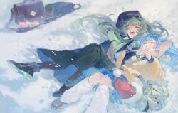 2girls absurdres alternate_costume arknights bag black_coat black_pantyhose black_shoes blue_hair blue_necktie blue_skirt box brown_shoes card closed_eyes coat fangs gavial_(arknights) gift gift_box green_hair green_neckerchief green_skirt grin hair_ornament hat highres jacket leg_warmers long_hair long_skirt looking_at_viewer lying moozsilent multiple_girls neckerchief necktie on_back one_eye_closed open_clothes open_coat open_mouth original outdoors pantyhose santa_hat scarf school_bag shoes skirt smile snow sweater tail yellow_eyes yellow_jacket yellow_sweater