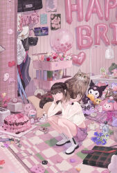 1girl absurdres animal bag balloon birthday black_hair boots brown_cat cake cameo cat cat_teaser character_doll charm_(object) commentary digital_camera english_commentary figure flower food handbag highres icing indoors kuromi loaded_interior looking_at_viewer muon_(oto) my_melody onegai_my_melody original pink_theme ponytail purple_shorts sanrio shirt short_ponytail shorts spongebob_squarepants spongebob_squarepants_(series) squatting stuffed_toy toy white_boots white_shirt