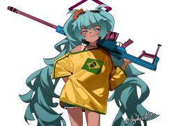 1girl alternate_weapon aqua_eyes aqua_hair artist_name bead_necklace beads blue_archive blush bracelet brazilian_flag brazilian_flag_print brazilian_miku commentary cowboy_shot cutoffs dark-skinned_female dark_skin english_commentary eyewear_on_head fang fang_out flag_print flower gun hair_flower hair_ornament halo hatsune_miku jewelry long_hair looking_at_viewer necklace on_shoulder over_shoulder oversized_clothes oversized_shirt rifle shirt short_shorts shorts simple_background single_bare_shoulder single_off_shoulder solo sunglasses sydus tan tanline twitter_username very_long_hair vocaloid weapon weapon_over_shoulder white-framed_eyewear white_background yellow_shirt