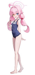 1girl absurdres ahoge alternate_costume arm_behind_back bare_arms bare_legs bare_shoulders barefoot beads blue_archive blue_eyes blue_one-piece_swimsuit blush breasts hair_beads hair_between_eyes hair_ornament halo heterochromia highres hoshino_(blue_archive) hoshino_(swimsuit)_(blue_archive) huge_ahoge li_se loli long_hair looking_at_viewer navel official_alternate_hairstyle one-piece_swimsuit open_mouth pink_hair pink_halo school_swimsuit sidelocks small_breasts solo swimsuit twintails wet yellow_eyes
