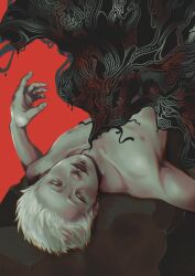 1boy body_horror collarbone eriette_g highres hikaru_(hikaru_ga_shinda_natsu) hikaru_ga_shinda_natsu lips lying male_focus nipples nose nude on_back red_background red_eyes short_hair simple_background skinny solo very_short_hair white_hair