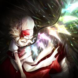 Rule 34 | 1girl, ascot, back bow, black background, blonde hair, bow, covered mouth, cowboy shot, crystal wings, dark, flandre day, flandre scarlet, floating hair, from behind, glowing, hat, hat ribbon, highres, holding own arm, looking at viewer, looking back, mob cap, multicolored wings, petticoat, profile, puffy short sleeves, puffy sleeves, red eyes, red ribbon, red skirt, red vest, ribbon, sasami (shiroi fuwafuwa), short hair, short sleeves, sideways glance, skirt, skirt set, solo, touhou, vest, white bow, white hat, wings, yellow ascot
