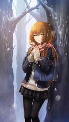 1girl archived_source bag bare_tree black_jacket black_pantyhose black_skirt blue_bag blue_eyes blush brown_hair closed_mouth cowboy_shot frown game_cg hair_between_eyes highres huke jacket long_hair long_sleeves looking_at_viewer makise_kurisu miniskirt official_alternate_costume official_art open_clothes open_jacket outdoors own_hands_clasped own_hands_together pantyhose plaid_clothes plaid_scarf pleated_skirt red_scarf ribbed_sweater scarf school_bag skirt snow snowing solo standing steins;gate straight_hair sweater third-party_source tree white_sweater