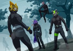 1girl 3boys 3others ass black_footwear black_gloves bodysuit buffalo cat clenched_hands commentary_request compound_eyes dreadlocks entry_form everyone forest fox gloves highres horns in_tree kamen_rider kamen_rider_buffa kamen_rider_geats kamen_rider_geats_(series) kamen_rider_na-go kamen_rider_tycoon long_hair mask multiple_boys multiple_others nature otokamu purple_hair scarf sitting sitting_in_tree tanuki tree white_scarf wrapping wrist_cuffs