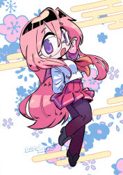 1girl absurdres artist_logo birdblitz breasts commentary english_commentary floral_background glasses hand_on_own_cheek hand_on_own_face highres loafers logo long_hair looking_at_viewer lucky_star open_mouth pantyhose pink_hair pleated_skirt purple_eyes ryouou_school_uniform school_uniform serafuku shoes skirt smile solo takara_miyuki white_background