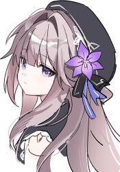 1girl beret flower grey_hair hair_flower hair_ornament hat long_hair looking_at_viewer original pjmiyo portrait purple_eyes purple_flower solo
