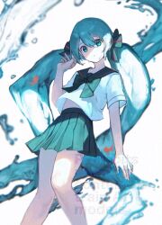 Rule 34 | 1girl, aqua eyes, aqua hair, black sailor collar, bottle miku, closed mouth, dot mouth, feet out of frame, fish, green ribbon, green skirt, hair between eyes, hair ribbon, hand up, hatsune miku, highres, knees together feet apart, liquid hair, long hair, looking at viewer, miniskirt, pleated skirt, ribbon, sailor collar, school uniform, serafuku, shirt, short sleeves, skirt, solo, very long hair, vocaloid, water drop, watermark, white background, white shirt, xjsbca