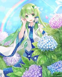 Rule 34 | 1girl, allium (flower), blue flower, blue skirt, blue sky, cloud, detached sleeves, dew drop, feet out of frame, flower, frilled skirt, frills, frog hair ornament, green eyes, green hair, hair ornament, hair tubes, hand on own ear, kiwicream09, kochiya sanae, long hair, non-circular lens flare, open mouth, purple flower, rainbow, shirt, skirt, sky, smile, snake hair ornament, solo, sparkle, touhou, water drop, white shirt