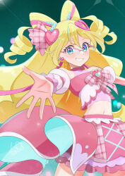 1girl absurdres arm_warmers beads bespectacled blonde_hair blue_eyes bow-shaped_hair choker commentary_request cowboy_shot crop_top cure_idol detached_sleeves drill_hair earrings europa_715 flat_chest glasses grin hair_beads hair_between_eyes hair_ornament hair_ribbon heart heart-shaped_hair heart_earrings heart_hair_ornament highres jewelry kimi_to_idol_precure layered_skirt long_hair looking_at_viewer magical_girl midriff multicolored_hair navel offering_hand outstretched_arm over-rim_eyewear pink-framed_eyewear pink_arm_warmers pink_choker pink_hair pink_ribbon pink_shirt pink_skirt pink_sleeves plaid_ribbon precure puffy_detached_sleeves puffy_sleeves reaching reaching_towards_viewer ribbon sakura_uta_(precure) semi-rimless_eyewear shirt single_arm_warmer skirt smile solo streaked_hair two-tone_hair very_long_hair watermark