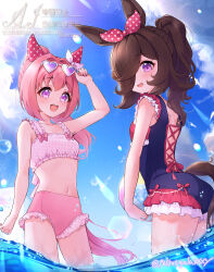 absurdres bikini bow ear_bow ear_covers eyewear_on_head haru_urara_(umamusume) highres looking_at_viewer navel partially_submerged peteron pink_bikini pink_eyes ponytail purple_bikini purple_eyes rice_shower_(umamusume) smile swimsuit umamusume water