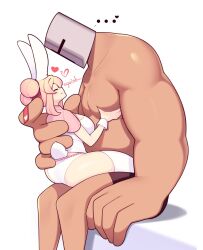 ... 1boy 1girl animal_ears black_male_underwear closed_eyes closed_mouth commentary dyrhart_(fizintine) english_commentary english_text facing_another facing_up fiz_(fizintine) fizintine heart helmet highres male_underwear original panties rabbit_ears rabbit_girl rabbit_tail shirt sitting sitting_on_person size_difference tail thighhighs topless_male underwear white_background white_panties white_shirt white_thighhighs