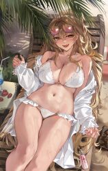 1girl azur_lane bare_shoulders bikini breasts brown_eyes brown_hair chair cleavage commentary drinking_straw eyewear_on_head frilled_bikini frills hair_between_eyes hair_intakes hair_spread_out highres lace lace-trimmed_bikini lace_trim large_breasts lion_(azur_lane) lion_(the_reclining_dandelion)_(azur_lane) long_hair long_sleeves looking_at_viewer lounge_chair lying navel off-shoulder_shirt off_shoulder official_alternate_costume on_back open_clothes open_mouth open_shirt outdoors pink-tinted_eyewear ponytail puffy_long_sleeves puffy_sleeves sabotensuteeki shirt slit_pupils solo stomach string_bikini swimsuit teeth thighs tinted_eyewear tongue tongue_out very_long_hair wet white_bikini white_shirt