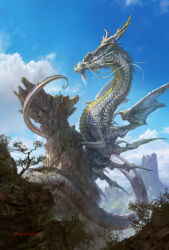 artist_name blue_sky cloud cloudy_sky dragon dragon_horns dragon_tail dragon_wings giant giant_monster horns k-takano monster mountain nature no_humans original outdoors scales scenery signature sky solo tail tree whiskers white_scales wings