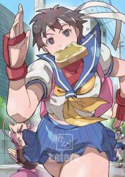 1boy 2girls ahoge artist_name bag black_eyes blue_sailor_collar blue_skirt blue_sky bread bread_slice brown_gloves brown_hair commentary fingerless_gloves food food_in_mouth gloves headband hibiki_dan k_katora kasugano_sakura late_for_school looking_ahead mma_gloves mouth_hold multiple_girls neckerchief open_mouth outdoors pink_bag pleated_skirt power_lines red_gloves running sailor_collar school_bag school_uniform serafuku short_hair skirt sky solo_focus standing street_fighter toast toast_in_mouth town watermark white_headband yellow_neckerchief