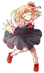 Rule 34 | 1girl, alphes (style), ascot, black dress, black vest, blonde hair, blouse, closed eyes, closed mouth, collar, collared shirt, commentary request, crying, dairi, dress, foreshortening, frilled collar, frilled sleeves, frills, full body, hair ribbon, large variant set, leg up, long sleeves, mary janes, outstretched arms, parody, red ascot, red ribbon, red shoes, ribbon, rumia, sad, shirt, shoes, socks, solo, standing, standing on one leg, style parody, tachi-e, touhou, transparent background, two-tone ribbon, variant set, vest, white ribbon, white sleeves, white socks, white trim