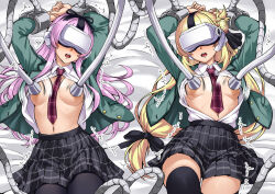 Rule 34 | alternate breast size, black pantyhose, black skirt, black thighhighs, blonde hair, breasts, character request, commission, cowboy shot, eiyuu densetsu, green jacket, hadant, hair bun, head-mounted display, jacket, kuro no kiseki (series), kuro no kiseki i, lying, miniskirt, on back, on bed, open clothes, open mouth, open shirt, pantyhose, pleated skirt, purple hair, restrained, shirt, skirt, small breasts, thighhighs, white shirt