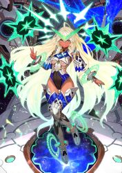 1girl ahoge andromeda_(fate) andromeda_(third_ascension)_(fate) armored_boots armpit_cutout blonde_hair boots breasts cetus_(fate) clothing_cutout dark-skinned_female dark_skin exoskeleton fate/grand_order fate_(series) floating_hair full_body game_cg glowing glowing_hair gluteal_fold gradient_hair green_eyes grin groin halo hand_up headpiece high_collar highleg highleg_leotard lack leg_up leotard long_hair medium_breasts multicolored_hair official_art outstretched_arm science_fiction sleeved_leotard smile solo teeth thigh_boots thigh_gap third-party_source variant_set very_long_hair w
