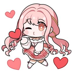 1girl artist_request bare_shoulders belt black_belt blowing_kiss blush_stickers bow bow_legwear bra_strap bright_pupils brown_eyes brown_ribbon center_frills chibi choker circle_skirt eyes_visible_through_hair frilled_shirt frilled_skirt frilled_sleeves frills hair_intakes hair_ribbon hand_on_lap heart infinity_nikki kneehighs layered_skirt long_hair long_sidelocks long_sleeves looking_at_viewer low_twintails lowres medium_skirt nikki_(nikki) nikki_(series) off-shoulder_shirt off_shoulder official_art parted_lips perfect_start_(infinity_nikki) pink_bow pink_choker pink_hair pink_shoes pink_skirt puffy_long_sleeves puffy_sleeves ribbon shirt shoes sidelocks skirt socks solo standing transparent_background tress_ribbon twintails very_long_hair wavy_hair white_pupils white_shirt white_skirt white_socks