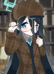 aleshcha0317 aqua_halo aris_(blue_archive) black_hair blue_archive blue_eyes blue_necktie brown_coat brown_hat coat detective hair_between_eyes halo hat highres holding holding_magnifying_glass long_hair_between_eyes magnifying_glass necktie pipe_in_mouth rectangular_halo smoking_pipe trench_coat
