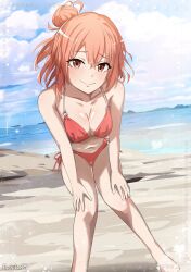 1girl beach bikini breasts breasts_squeezed_together cleavage closed_mouth cloud cloudy_sky collarbone commentary_request day foot_out_of_frame hair_bun hands_on_own_thighs highres horizon leaning_forward light_smile looking_at_viewer medium_breasts medium_hair navel o-ring o-ring_bikini ocean orange_eyes orange_hair outdoors puchikun red_bikini sand shore side-tie_bikini_bottom signature single_hair_bun single_side_bun sky solo standing swimsuit water watermark yahari_ore_no_seishun_lovecome_wa_machigatteiru. yuigahama_yui
