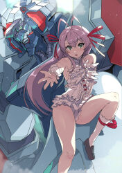 1girl al_azif_(demonbane) antenna_hair bare_shoulders blush commentary_request daison demonbane demonbane_(mecha) dress green_eyes highres long_hair mecha open_mouth purple_hair reaching reaching_towards_viewer robot short_dress socks very_long_hair white_dress white_socks