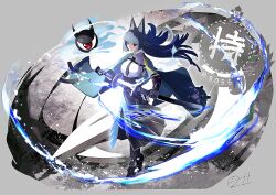 1girl absurdres animal_ear_fluff animal_ears aqua_jacket black_gloves black_hair black_necktie black_shoes black_skirt blunt_bangs collared_shirt eyeball fingerless_gloves fox_ears fox_girl full_body gauntlets gloves high-waist_skirt highres holding holding_sword holding_weapon hoshimi_miyabi jacket katana long_hair necktie red_eyes shirt shoes single_fingerless_glove single_gauntlet skirt sword tailless_(zenless_zone_zero) weapon white_shirt zenless_zone_zero zeroartwo