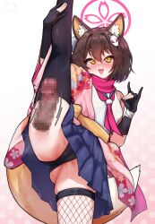 1boy 1girl animal_ear_fluff animal_ears black_gloves black_panties black_thighhighs blue_archive blue_skirt blush breasts brown_hair cameltoe commentary commission disembodied_penis fang fishnet_thighhighs fishnets fox_ears fox_girl fox_hair_ornament fox_shadow_puppet fox_tail gloves halo hetero highres izuna_(blue_archive) japanese_clothes kimono kneepits large_variant_set long_sleeves looking_at_viewer matsumaramara miniskirt mismatched_thighhighs neckerchief open_mouth paid_reward_available panties partially_fingerless_gloves penis pink_halo pink_kimono pink_neckerchief pink_scarf pixiv_commission pleated_skirt scarf shirt skindentation skirt small_breasts solo_focus split standing standing_on_one_leg standing_split tail thighhighs underwear variant_set white_shirt wide_sleeves yellow_eyes