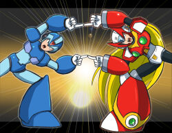 Rule 34 | 2boys, android, armor, blonde hair, blue armor, blue eyes, blue helmet, chest jewel, dragon ball, dragonball z, forehead jewel, fusion, fusion dance, gloves, green eyes, helmet, jewelry, long hair, looking at viewer, mega man (series), mega man x (series), multiple boys, open mouth, ponytail, red armor, red helmet, robot, robot ears, screaming, shoulder armor, teeth, very long hair, white gloves, x (mega man), zero (mega man), zin (hamizu)