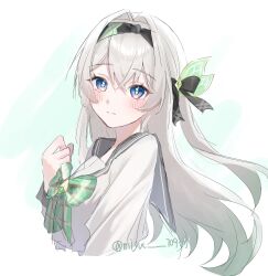absurdres black_hairband black_ribbon blush bow bowtie closed_mouth firefly_(honkai:_star_rail) firefly_(spring_missive)_(honkai:_star_rail) gradient_eyes gradient_hair green_bow green_bowtie grey_hair grey_sailor_collar hair_between_eyes hair_intakes hair_ornament hair_ribbon hairband highres honkai:_star_rail honkai_(series) long_hair miyu_10969 multicolored_eyes multicolored_hair plaid_bow plaid_bowtie plaid_clothes ribbon sailor_collar twitter_username upper_body